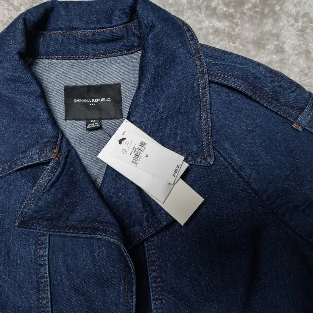 Banana Republic Dark Blue Wash Denim Short Trench Jacket Womens M NWT - Picture 10 of 14